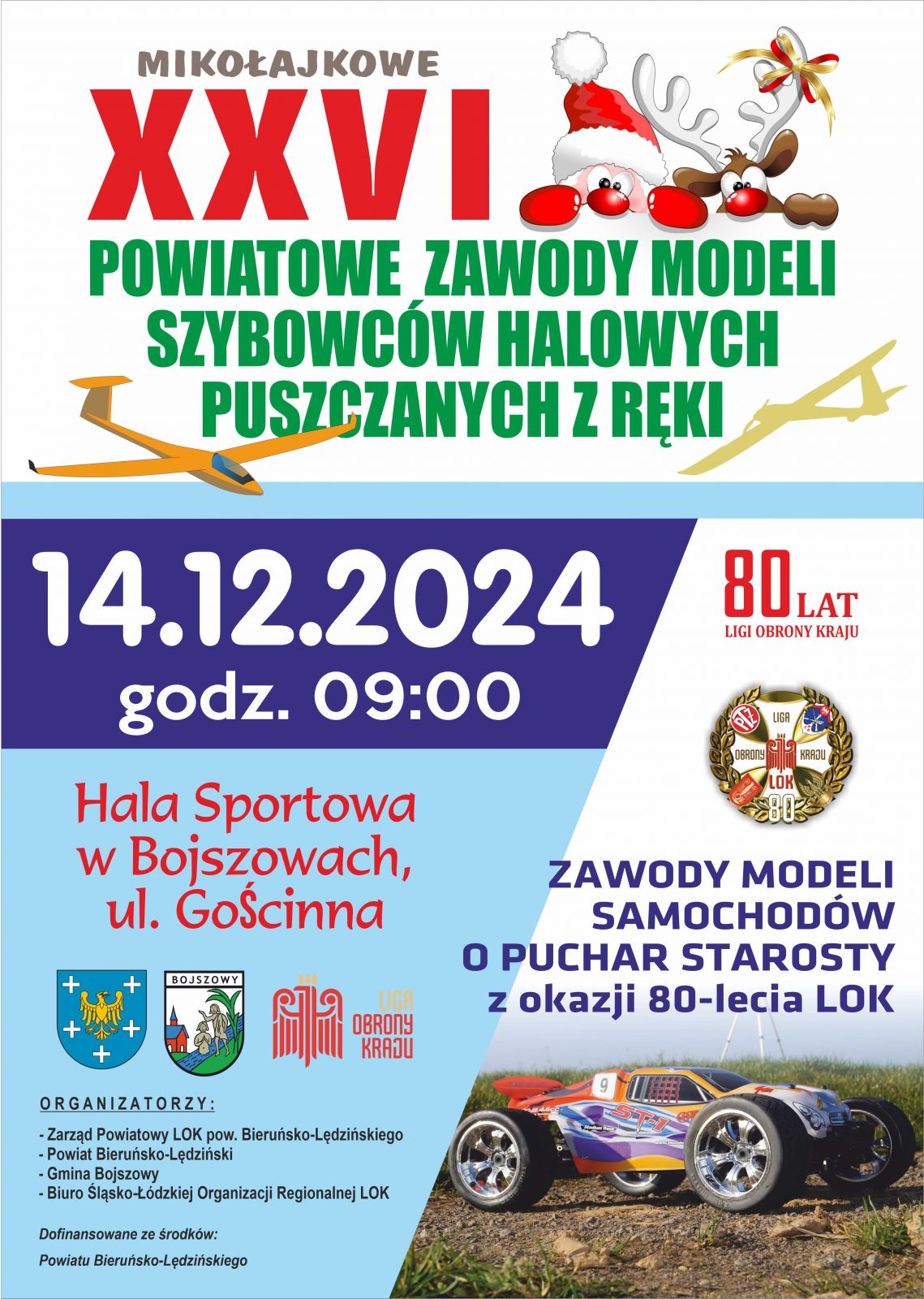 Plakat informacyjny  szybowcami i samochodeem  wraz z herbami organizatorów